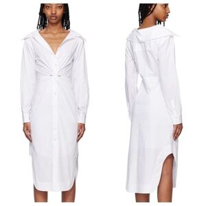 STAUD Clea Midi Dress Stretch Poplin Spread Collar Twisted Detailing Round Hem